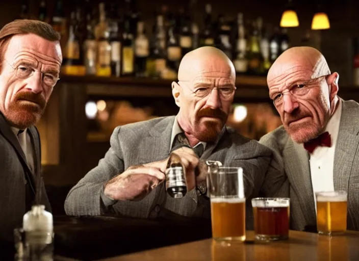 Image similar to walter white saul goodman and mike ehrmantraut at a bar, drinking, smiling, ultra realistic, cinematic