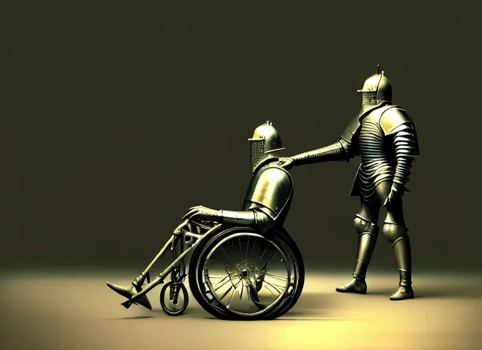 Image similar to knight in armor in a wheelchair do tricks, minsk, highly detailed, soft lighting, elegant, works by edward hopper and james gillard, zdislaw beksinski, stephen outram, andreas m wiese, highly detailed, masterpiece. rendered in blender, smooth shadows, ultra detail, high resolution, unreal 6, 8 k