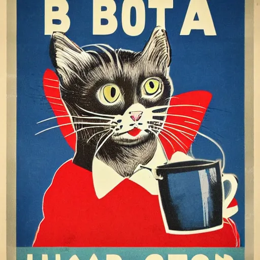 Image similar to british cat sipping on tea, propaganda poster