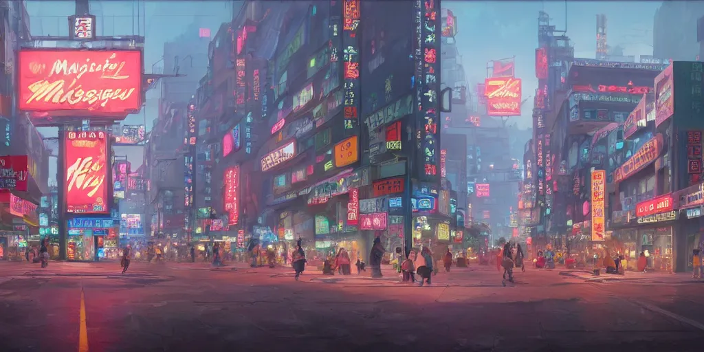 Image similar to A highly fantasy detailed matte painting of Buildings with Japanese Billboards and neonsigns by Studio Ghibli, Makoto Shinkai, by Artgerm, by WLOP, by Greg Rutkowski, volumetric lighting, octane render, 4K resolution, trending on artstation, masterpiece, simon stalenhag