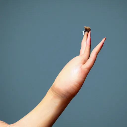 Image similar to very accurate photo, very coherent image, hyper realistic photo of a female hand, open palm, holding an cigarette between index and middle finger