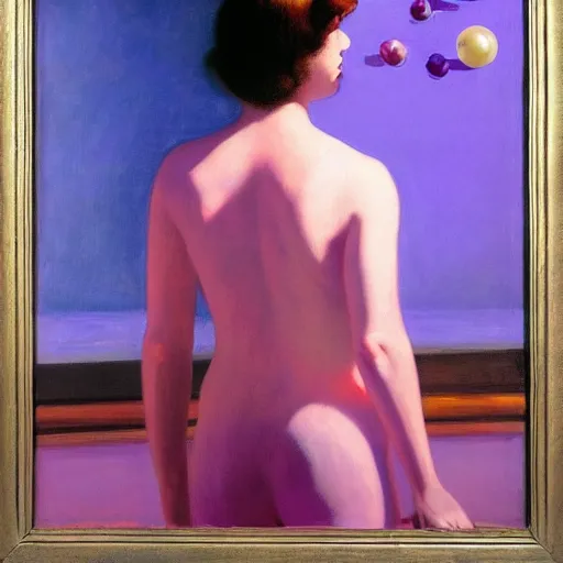 Prompt: a girl with three eyes on 5 translucent luminous spheres, full of floral and berry fillings, in an ocean of lavender color by edward hopper