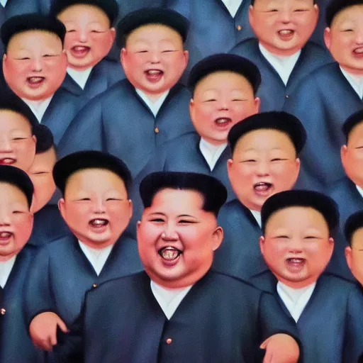 Image similar to oil painting of Kim Jong-un smiling and standing above a crowd of cute puppies in a mountain range, 8k, highly detailed, highly intricate,