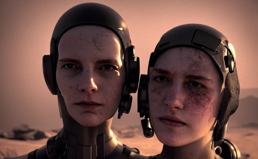 Image similar to octane render photographic portrait by helen levitt of two loving female androids wearing rugged black mesh techwear on a desolate plain, extreme closeup, modern cyberpunk, dust storm, 8 k, hd, high resolution, 3 5 mm, f / 3 2, ultra realistic faces, trending on artstation, ex machina