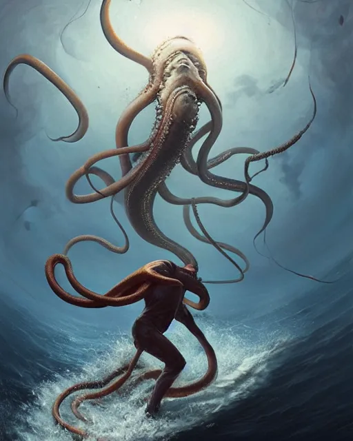 Image similar to a dream fantasy painting of a giant squid attack a diving man, by beksinki, giger, greg rutkowski, carne griffith trending on artstation, deviantart, photorealism