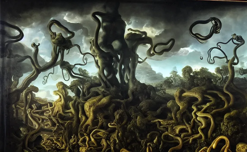 Image similar to strange hyper real disturbing tendril surrealistic landscape with very small strange figures in the distance with large looming shiny biomorphic skinny figures looming inthe foreground, cast shadows, chiaroscuro, painted by dali and rachel ruysch, timeless disturbing masterpiece