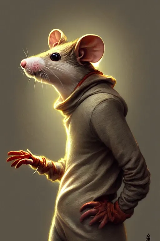 Image similar to ultra realistic illustration, an anthropomorphic rat dressed in pajamas, comfy, highly detailed, digital painting, concept art, smooth, sharp focus, art by artgerm and greg rutkowski and alphonse mucha