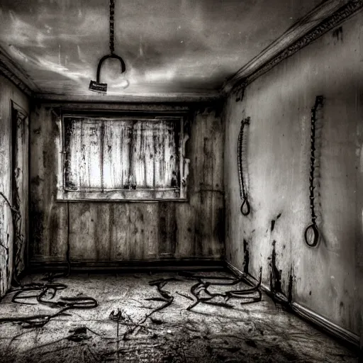 Image similar to haunted asylum with blood on the walls and chains hanging from the ceiling with a broken light bulb, right side of the wall is a broken window with light emitting through, realistic, hdr, clear image, hdd, dynamic lighting, rtx on,