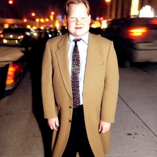 Image similar to 1 9 9 8 andy richter wearing a beige long overcoat over a black suit and necktie standing on the streets of chicago at night in winter.