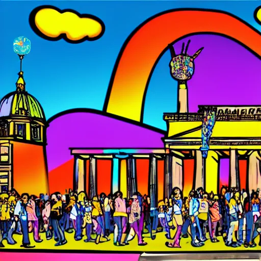 Image similar to fall of the berlin wall, in the style of lisa frank