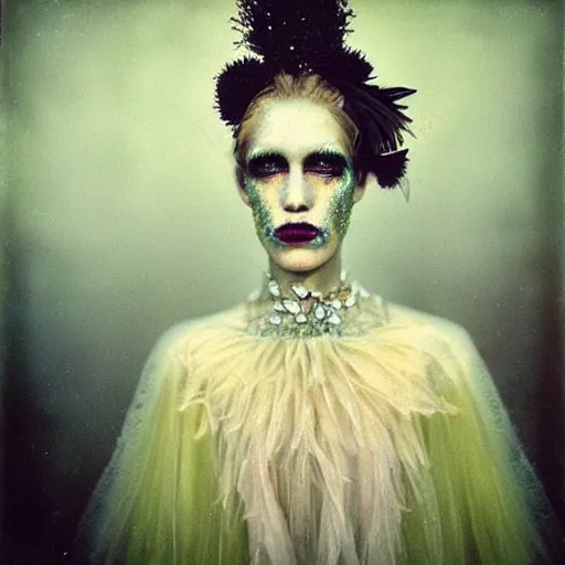 Prompt: kodak portra 4 0 0, wetplate, photo of a surreal artsy dream scene,, weird fashion, in the nature, highly detailed face, beautiful face, swedish model, portrait, expressive eyes, close up, extravagant dress, carneval, animal, wtf, photographed by paolo roversi style and julia hetta