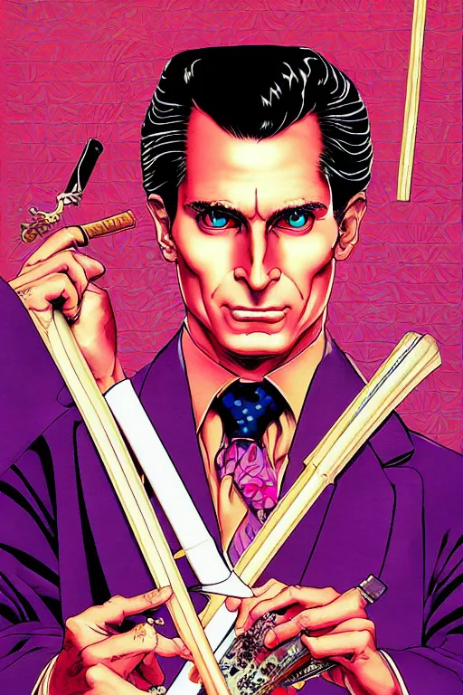 Image similar to poster of patrick bateman as a samurai, vaporwave aesthetic, by yoichi hatakenaka, masamune shirow, josan gonzales and dan mumford, ayami kojima, takato yamamoto, barclay shaw, karol bak, yukito kishiro