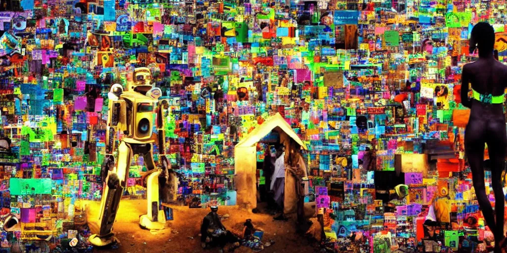 Image similar to robot of Ajegunle slums of Lagos inside African Jesus Christ about beauty surrounding a large UFO with neon ray of light, magazine collage,