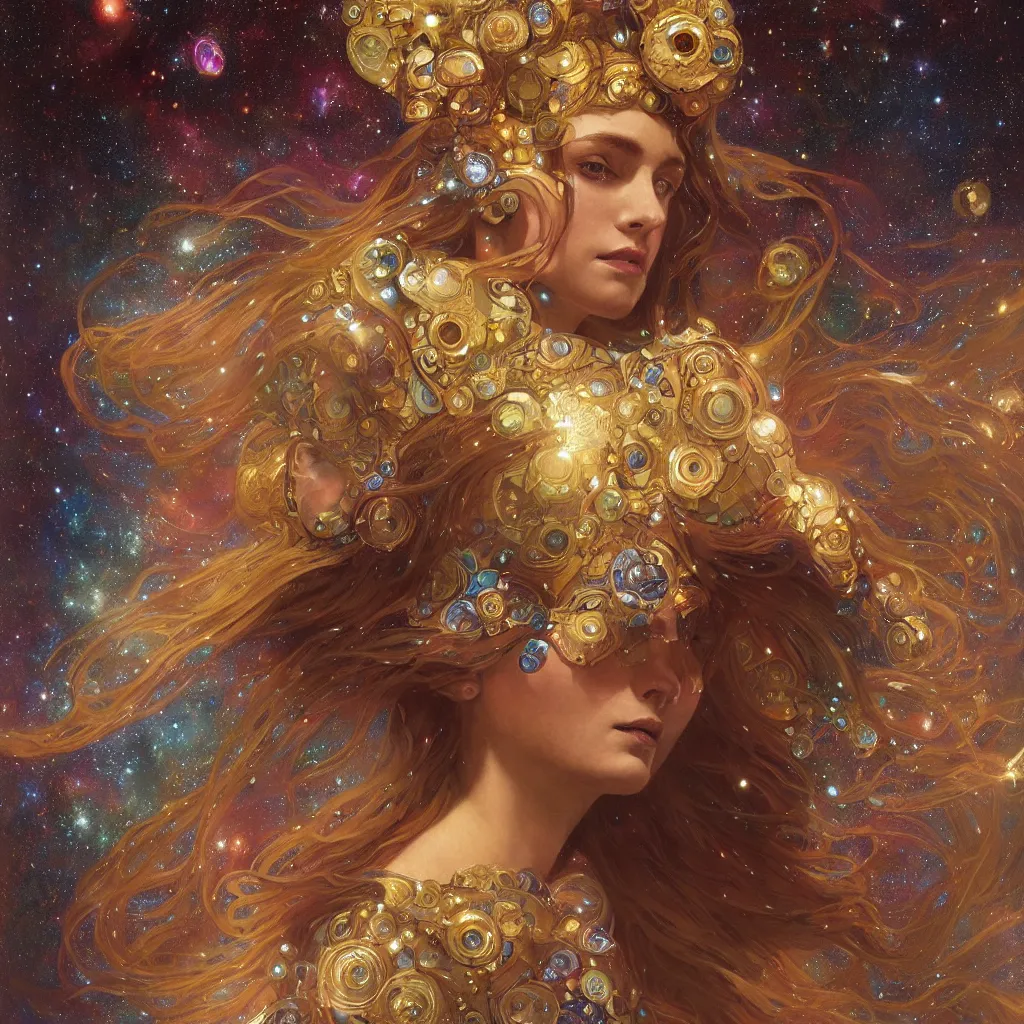 Image similar to portrait of a cosmic goddess, suit made out of stars and galaxies and cosmic energy, intricate, headshot, highly detailed, digital painting, artstation, concept art, sharp focus, cinematic lighting, illustration, art by artgerm and greg rutkowski, alphonse mucha, cgsociety