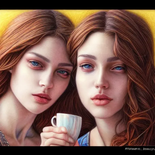 Image similar to French sisters in a café posing for the camera. insanely and epically detailed supreme-quality color pencil artwork, amazingly composed image, epic pencil illustration by Artgerm and Stanley Law.