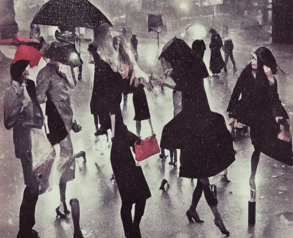 Prompt: 1960s fashion photography on the streets of London photographed by Annie Leibovitz, flash photography, holga, raining!, nighttime, colorful, photorealistic, atmospheric,