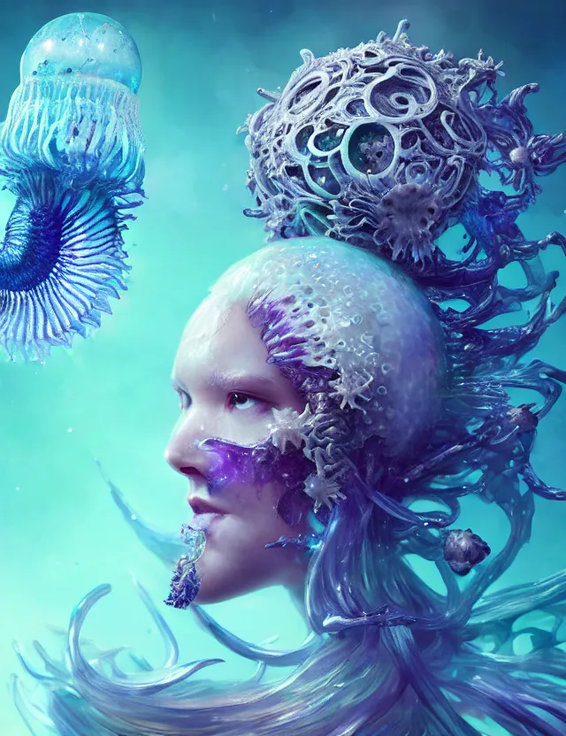 Image similar to goddess macro close - up portrait wigh crown made of ram skull. betta fish, jellyfish phoenix, bioluminiscent, plasma, ice, water, wind, creature, super intricate ornaments artwork by tooth wu and wlop and beeple and greg rutkowski