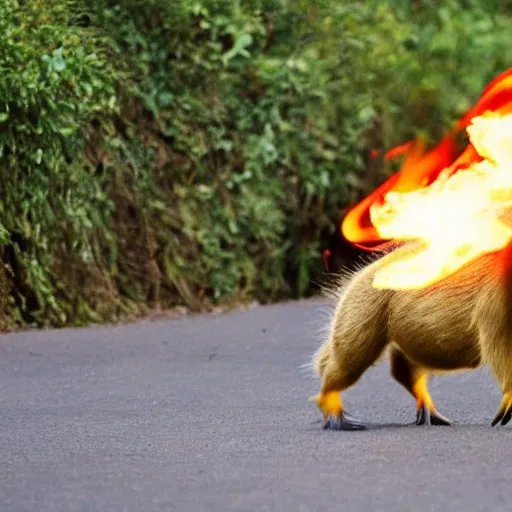 Prompt: action photograph of a capybara riding a flaming segway