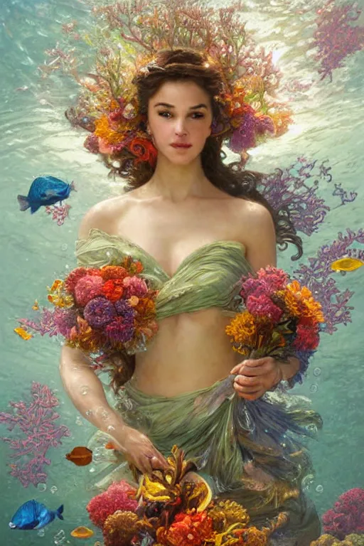 Image similar to portrait of a beautiful mysterious woman holding a bouquet of flowing flowers, small bubbles from her mouth, hands hidden under the bouquet, submerged underwater filled with colorful small fish and coral reef, fantasy, regal, intricate, by stanley artgerm lau, greg rutkowski, thomas kindkade, alphonse mucha, loish, norman rockwell