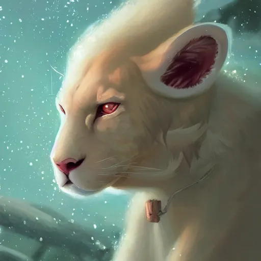 Image similar to aesthetic portrait commission of a albino male furry anthro Liger wearing a cute mint colored cozy soft pastel winter outfit, winter Atmosphere. Character design by charlie bowater, ross tran, artgerm, and makoto shinkai, detailed, inked, western comic book art, 2021 award winning painting