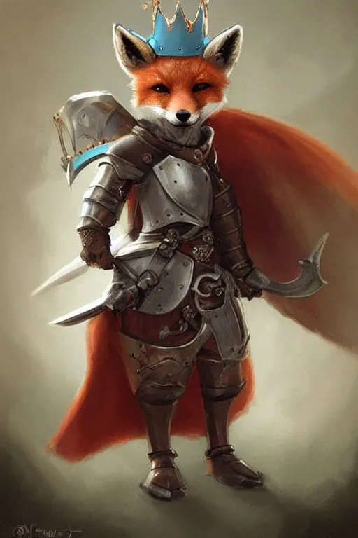 Image similar to cute little anthropomorphic foxy knight wearing a cape and a crown, tiny, small, miniature fox, baby animal, short, pale blue armor, cute and adorable, pretty, beautiful, DnD character art portrait, matte fantasy painting, DeviantArt Artstation, by Jason Felix by Steve Argyle by Tyler Jacobson by Peter Mohrbacher, cinematic lighting