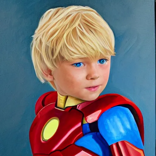 Prompt: a cute seven year old boy with tousled blonde hair and blue eyes wearing an iron man costume without the helmet, beautiful painting by magali villanueve and raymond swanland