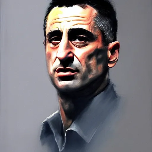 Image similar to realistic portrait of travis bickle ( robert deniro ), trending on artstation, low angle oil painting and composition laws, cinematic lighting, hyperdetailed, cgsociety, 8 k, martin scorsese cinematography, taxi driver