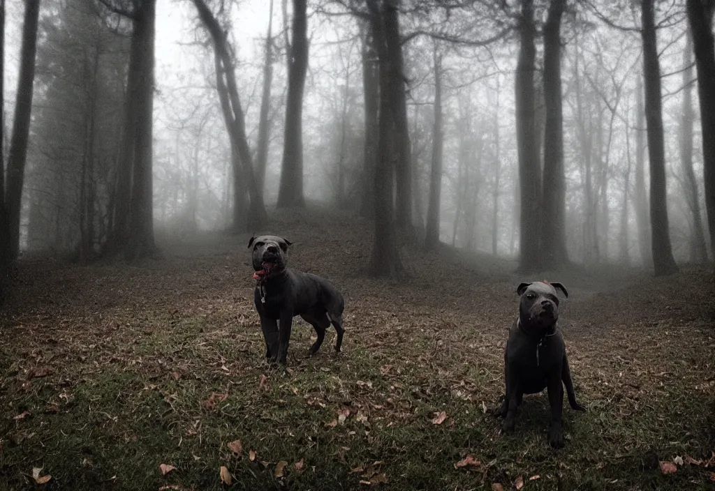 Prompt: low quality iphone photo of a cute pitbull standing ominously deep in the foggy woods with a demonic smile in his face, low visibility, grainy, creepy