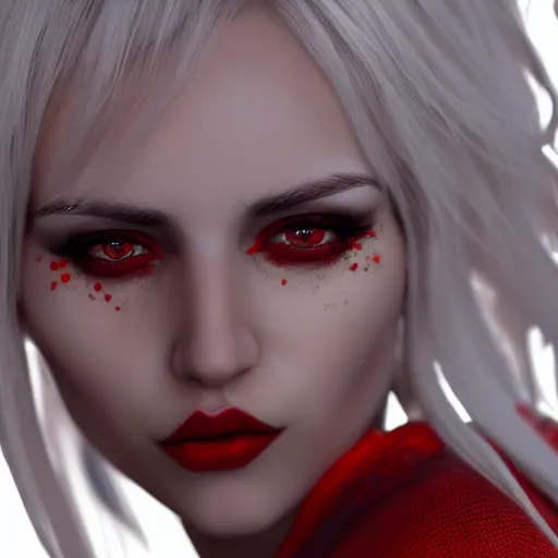 Image similar to a highly detailed portrait of a humanoid demon girl with white hair, red horns, in white clothes, red eyes, artstation, deviantart, professional, unreal engine 5, photorealistic