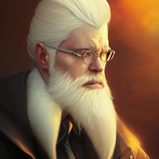 Image similar to portrait of a man with stylish white hair,an unusual beard and yellow eyes,character design by charlie bowater, ross tran, artgerm, and makoto shinkai, detailed, inked, western comic book art, 2021 award winning painting,digital art,art by greg rutkowski,photorealistic,highly detailed,hyperdetailed,hyperrealistoc,detailed face,surreal,fantasy