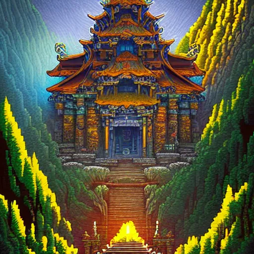 Prompt: mysterious temple in the mountains, fantasy landscape, extremely detailed, sharp focus, pixelart, wide view, digital illustration, by dan mumford, greg rutowski, johan grenier