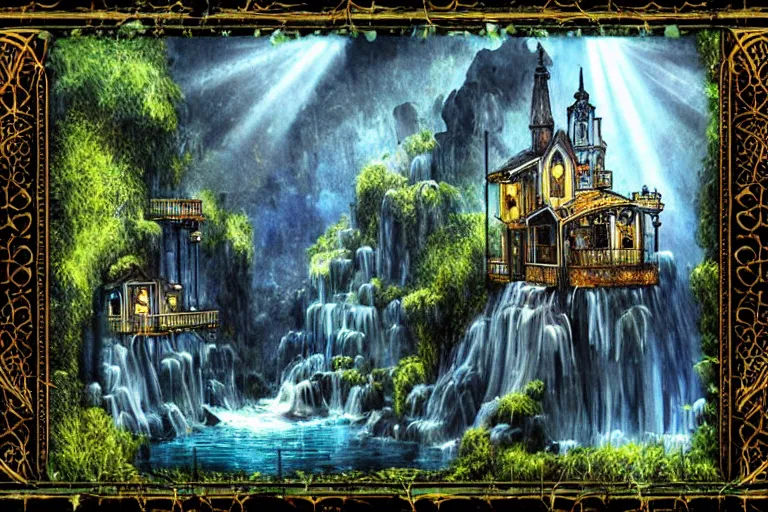 Image similar to gothic waterfall favela honeybee hive, art nouveau environment, godbeams, industrial factory, award winning art, epic dreamlike fantasy landscape, ultra realistic,