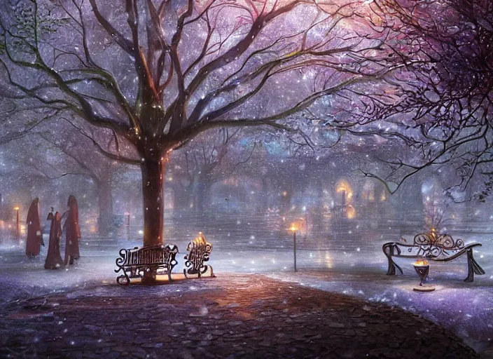 Prompt: a magical mystical fantasy fae garden full of benches, a fountain, and a tree of life. Atmospheric lighting, romantic, cold lighting, snowy. By Makoto Shinkai, Stanley Artgerm Lau, WLOP, Rossdraws, James Jean, Andrei Riabovitchev, Marc Simonetti, krenz cushart, Sakimichan, D&D trending on ArtStation, digital art.