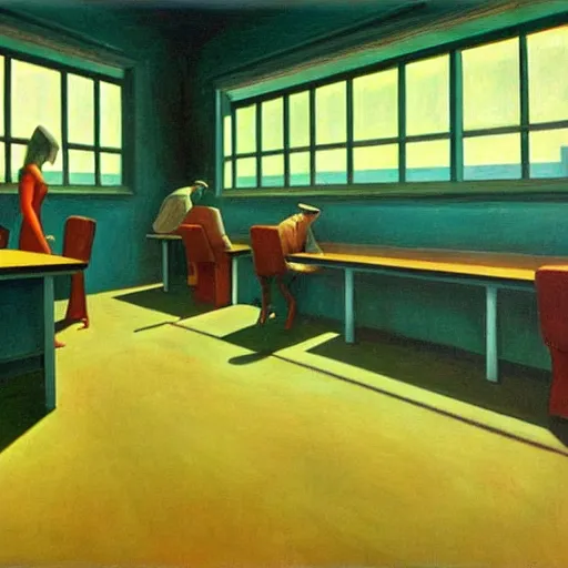 Image similar to mind control facility interior, dystopian, pj crook, edward hopper, oil on canvas