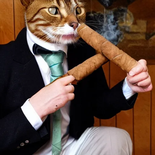 Image similar to cat wearing a suit smoking a cigar