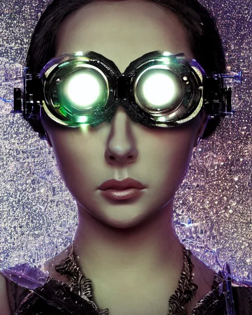Image similar to centered portrait of soulful young elizabeth taylor as a solarpunk mecha humanoid robotic parts wearing crystal goggles with bright led lights, real human face, pudica gesture bouguereau style, in white room, ultra - realistic and intricate, soft portrait shot 8 k
