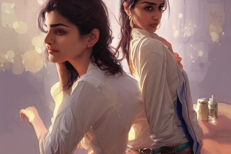 Image similar to Sensual good looking pale young Indian doctors wearing jeans in an airport, portrait, elegant, intricate, digital painting, artstation, concept art, smooth, sharp focus, illustration, art by artgerm and greg rutkowski and alphonse mucha