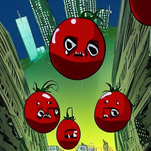 Prompt: attack of the killer's tomatoes. cyberpunk style