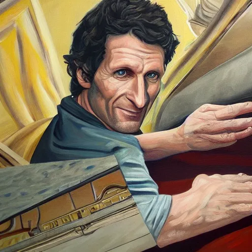Prompt: A painting of Todd Howard of Bethesda Game Studios peeking out from under your bed