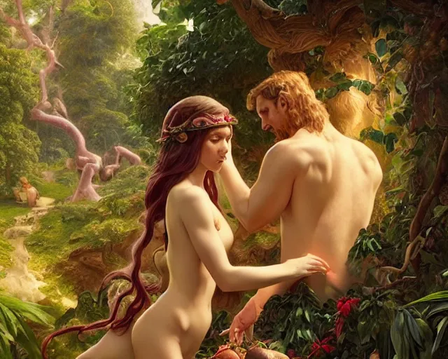 Image similar to adam and eve in the garden of eden, photography of kurzgesagt, deep focus, d & d, fantasy, intricate, elegant, highly detailed, digital painting, artstation, concept art, matte, sharp focus, illustration, hearthstone, art by artgerm and greg rutkowski and alphonse mucha