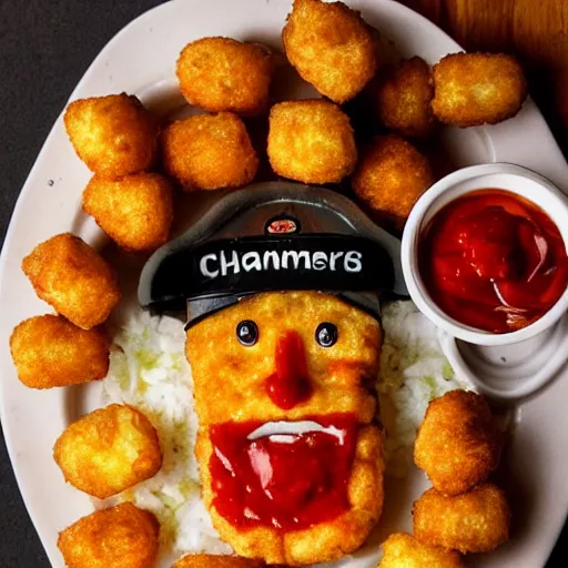 Image similar to food photo of channing tatum's face on top of giant tater tot on a plate with ketchup