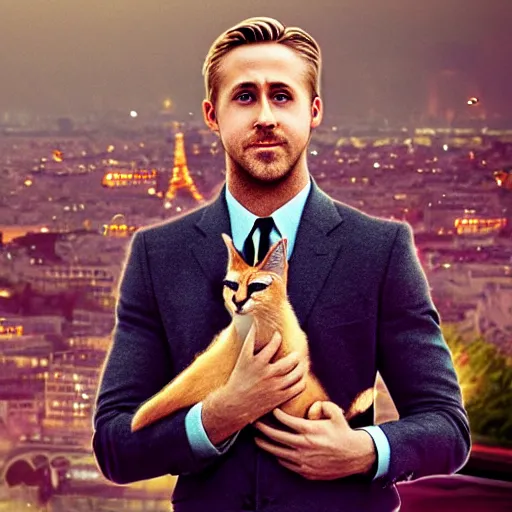 Prompt: Ryan Gosling holds a caracal cat in his hands against the backdrop of the Eiffel Tower, ultra highly detailed, smooth, sharp focus, digital art, digital painting, fan art, elegant, artstation