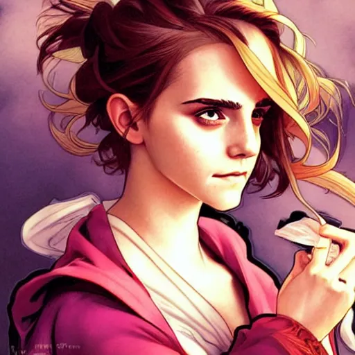 Image similar to emma watson being shy perfect coloring, low saturation, epic composition, masterpiece, bold complimentary colors. stunning masterfully illustrated by artgerm, range murata, alphonse mucha, katsuhiro otomo