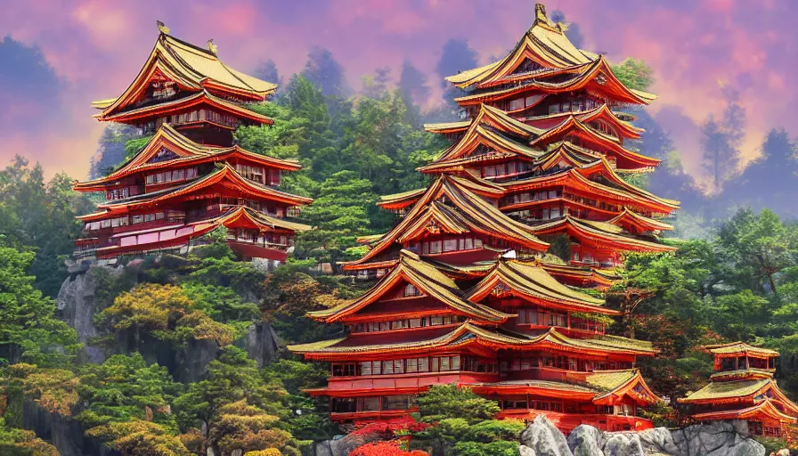 Prompt: Beautiful red and gold Japanese castle built on top of a mountain with waterfall, hyperdetailed, artstation, cgsociety, 8k