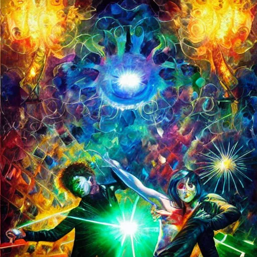 Prompt: rave dance party with lasers by arthur adams, charlie bowater, leonid afremov, chiho ashima, karol bak, david bates, tom chambers