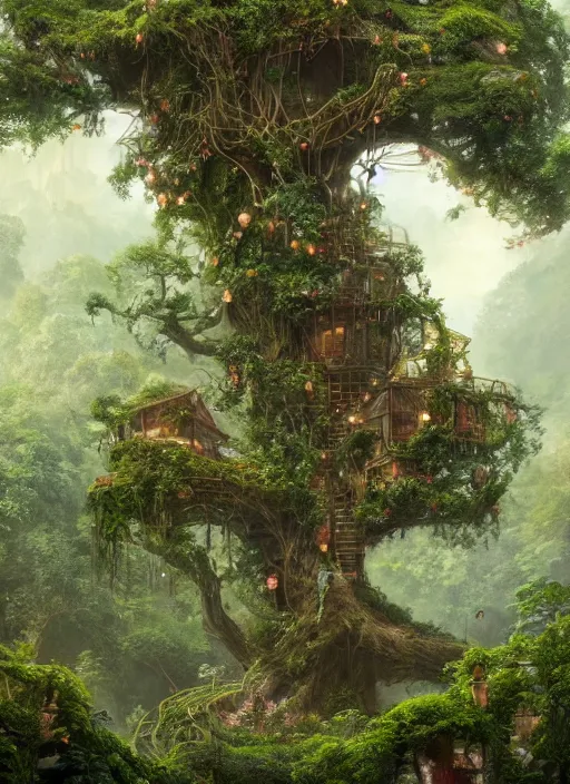 Prompt: A massive treehouse coming out of tangled branches, overgrown with lush plants, rich vines and verdant flowers, trending on Artstation, digital art, illustration, detailed, intricate details, immaculate scale, epic lighting, cinematic composition, concept art, environment