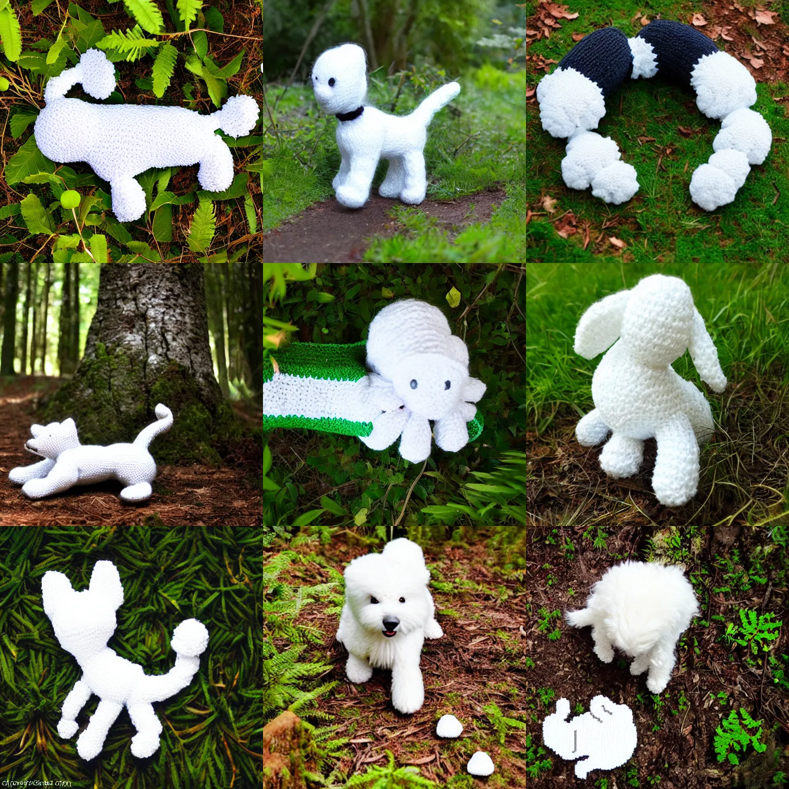 Prompt: !dream White knitted dog pooping in a forest