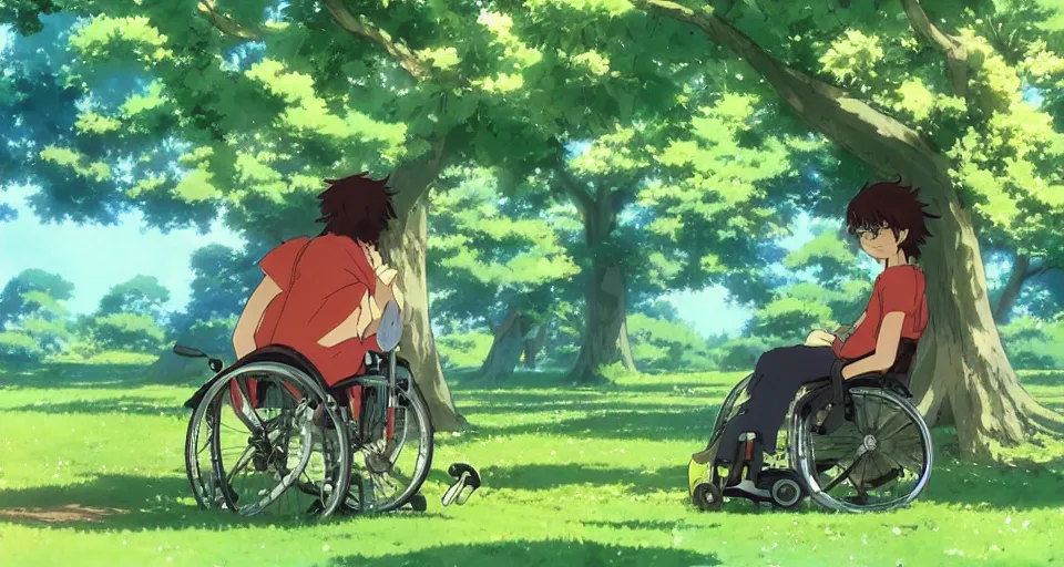 Image similar to a green long - haired boy in a wheelchair under a tree, day, sunshine, warm colors, relaxing, calm, cozy, peaceful, by mamoru hosoda, hayao miyazaki, makoto shinkai