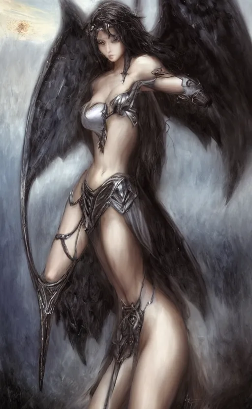 Prompt: Concept art, angel knight gothic girl, artstation trending colaboration with Joseph Mallord William Turner and Luis Royo, highly detailded