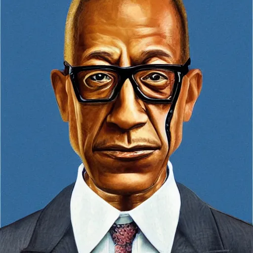 Image similar to realistic detailed portrait of gus fring with half of his face replaced by robotic parts